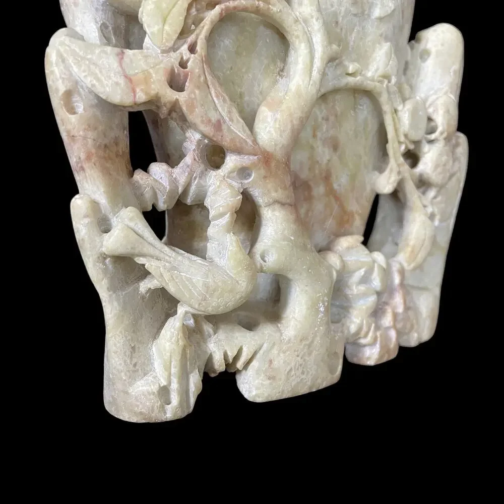 Chinese Carved Soapstone Vase Relief Antique Sculpture Vintage Oriental 9